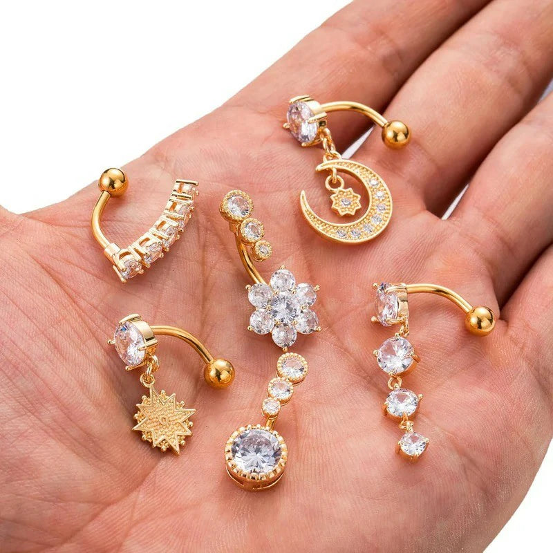 9Pcs 14G Stainless Steel Dangle Belly Rings for Women Reverse Navel Rings Curved Barbell