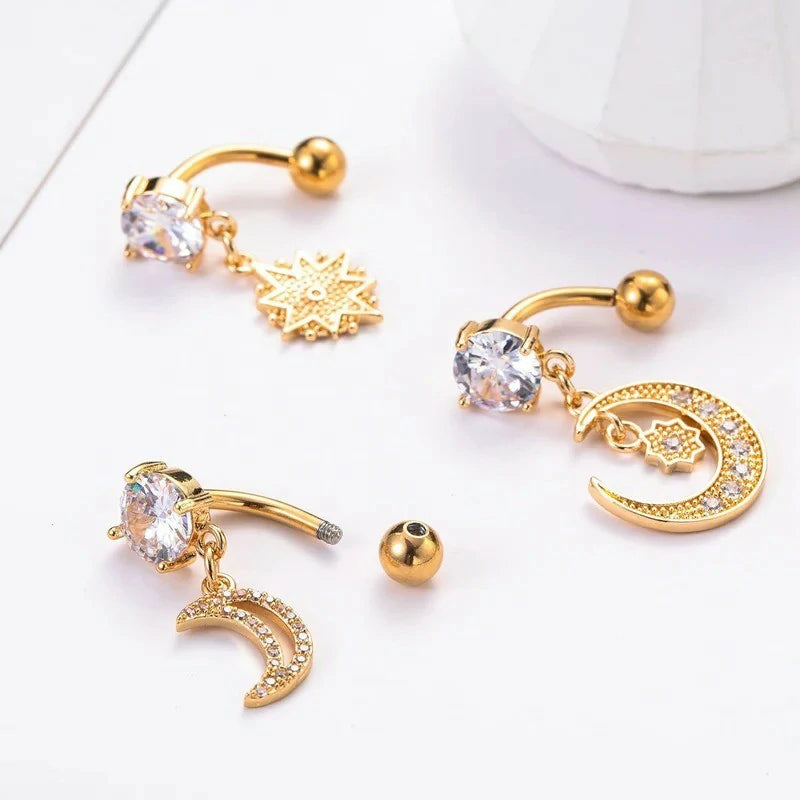 9Pcs 14G Stainless Steel Dangle Belly Rings for Women Reverse Navel Rings Curved Barbell