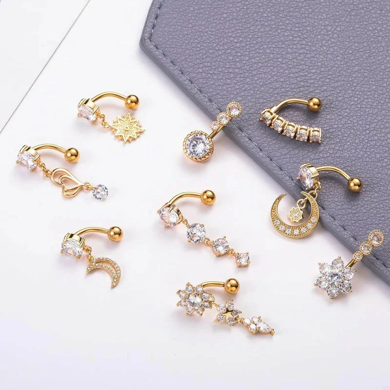 9Pcs 14G Stainless Steel Dangle Belly Rings for Women Reverse Navel Rings Curved Barbell