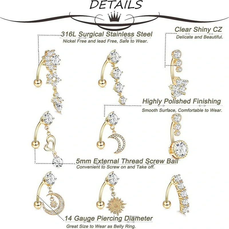 9Pcs 14G Stainless Steel Dangle Belly Rings for Women Reverse Navel Rings Curved Barbell