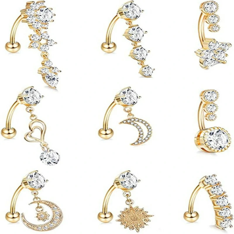 9Pcs 14G Stainless Steel Dangle Belly Rings for Women Reverse Navel Rings Curved Barbell