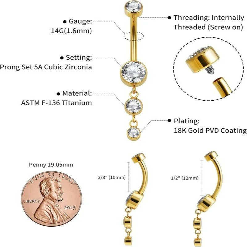 Dangle Belly Button Rings 14G 10mm 12mm ASTM F136 Implant Grade Real Titanium Belly Ring