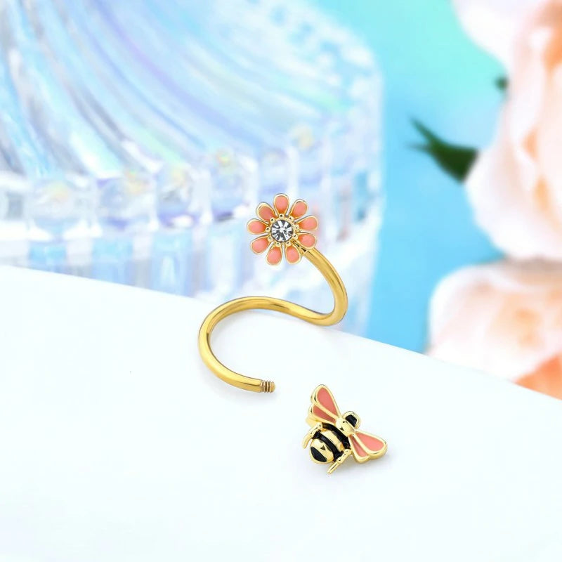Bee Twist Helix Earrings 16G Twisted Spiral Barbell 316L Stainless Steel Flower Lip Rings