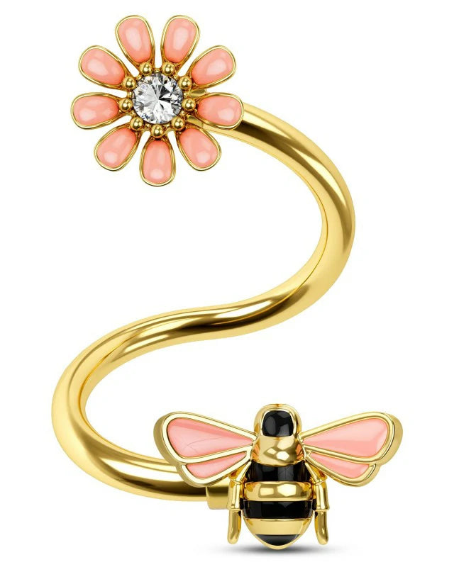 Bee Twist Helix Earrings 16G Twisted Spiral Barbell 316L Stainless Steel Flower Lip Rings
