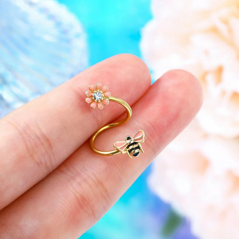 Bee Twist Helix Earrings 16G Twisted Spiral Barbell 316L Stainless Steel Flower Lip Rings