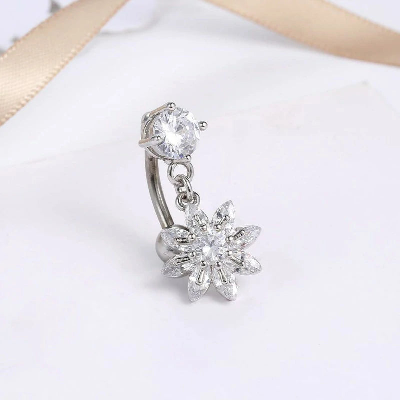 Belly Button Rings Dangle Flower CZ 14G Navel Ring Surgical Steel Belly Piercing Jewelry
