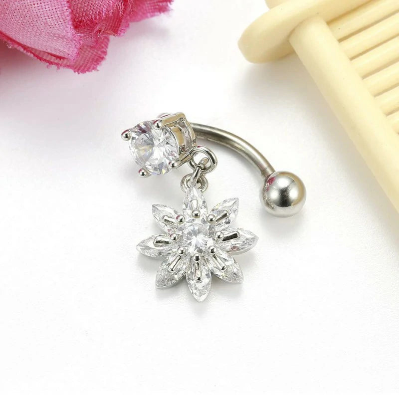 Belly Button Rings Dangle Flower CZ 14G Navel Ring Surgical Steel Belly Piercing Jewelry