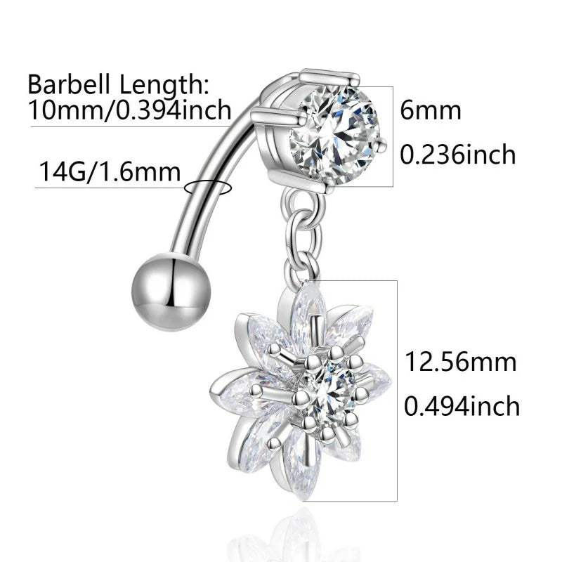 Belly Button Rings Dangle Flower CZ 14G Navel Ring Surgical Steel Belly Piercing Jewelry