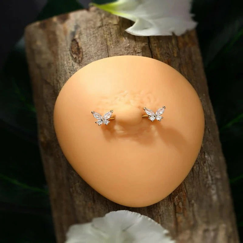 Butterfly 14G Nipple Piercing Jewelry Gold Nipple Ring Surgical Steel Nipple Shield CZ Nipple Barbell Body Piercing