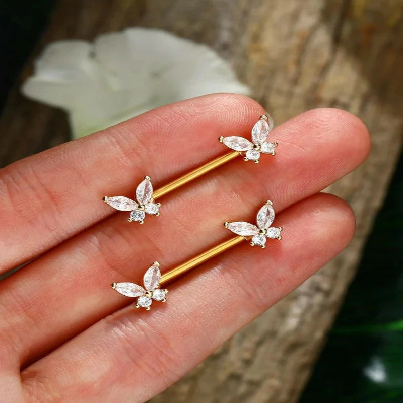 Butterfly 14G Nipple Piercing Jewelry Gold Nipple Ring Surgical Steel Nipple Shield CZ Nipple Barbell Body Piercing
