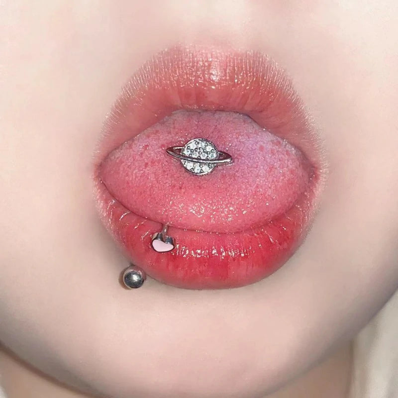 CZ Planet Tongue Ring Stainless Steel Crystal Spaceship Cartilage
