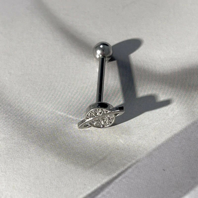 CZ Planet Tongue Ring Stainless Steel Crystal Spaceship Cartilage