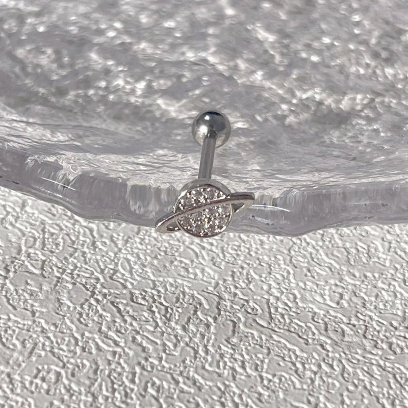 CZ Planet Tongue Ring Stainless Steel Crystal Spaceship Cartilage