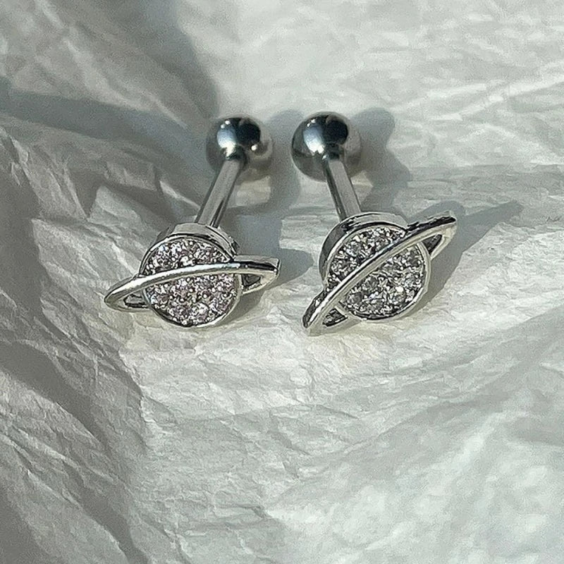 CZ Planet Tongue Ring Stainless Steel Crystal Spaceship Cartilage