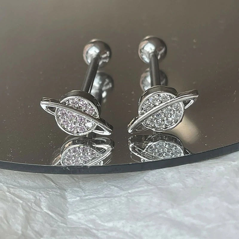 CZ Planet Tongue Ring Stainless Steel Crystal Spaceship Cartilage