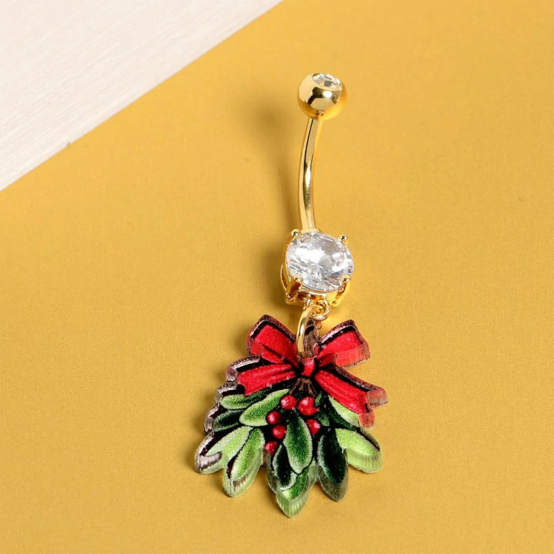 Winter Holiday Women's Christmas Red Bow Mistletoe Belly Button Ring