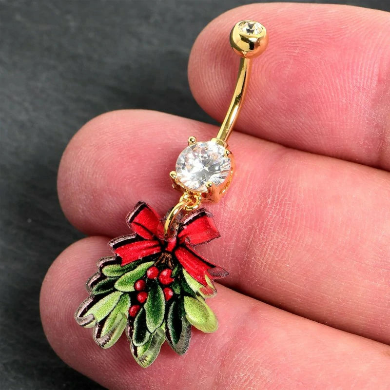 Winter Holiday Women's Christmas Red Bow Mistletoe Belly Button Ring