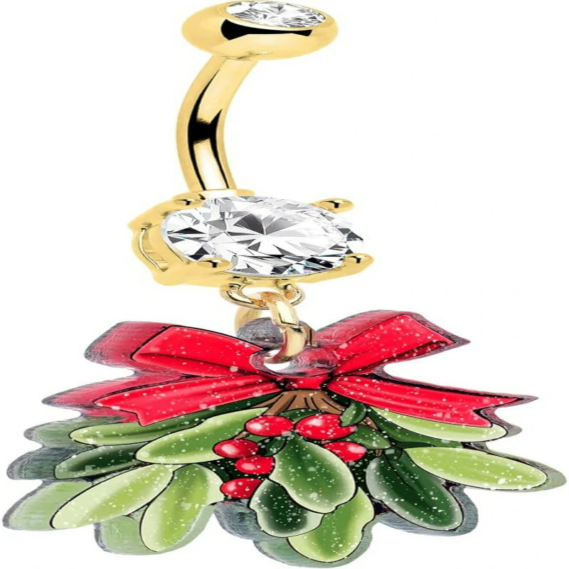 Winter Holiday Women's Christmas Red Bow Mistletoe Belly Button Ring