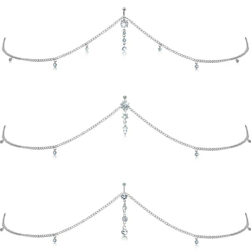 Crystal Belly Ring with Chain Rhinestone Waist Body Chain Bikini Belly Jewelry