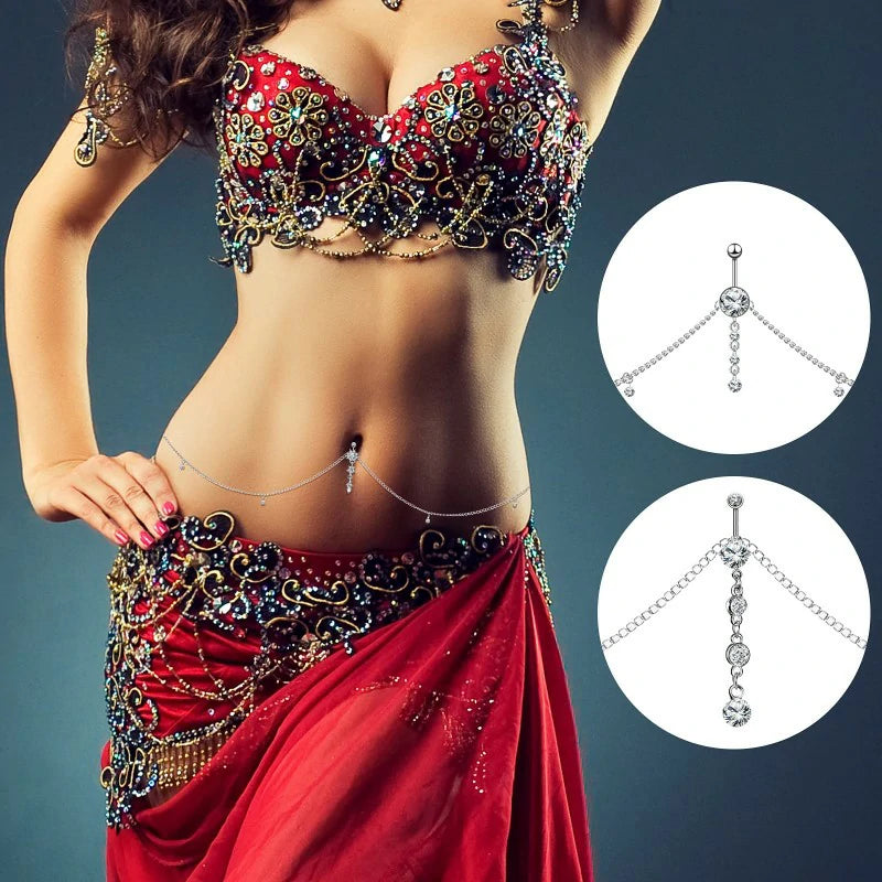 Crystal Belly Ring with Chain Rhinestone Waist Body Chain Bikini Belly Jewelry