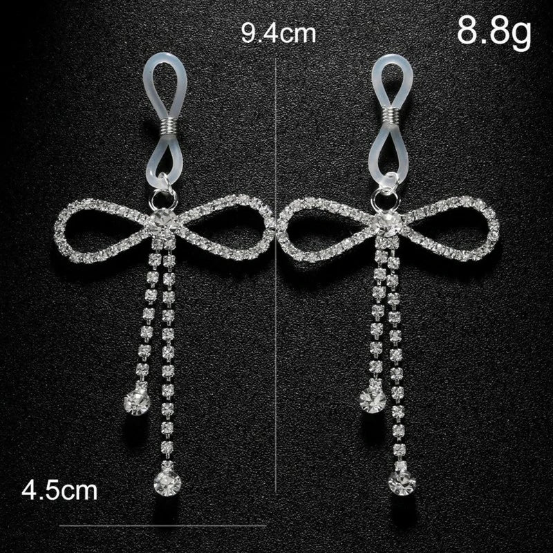 Crystal Bowknot Non Piercing Nipple Jewelry Festival Rave Chest Tassels Body Chain