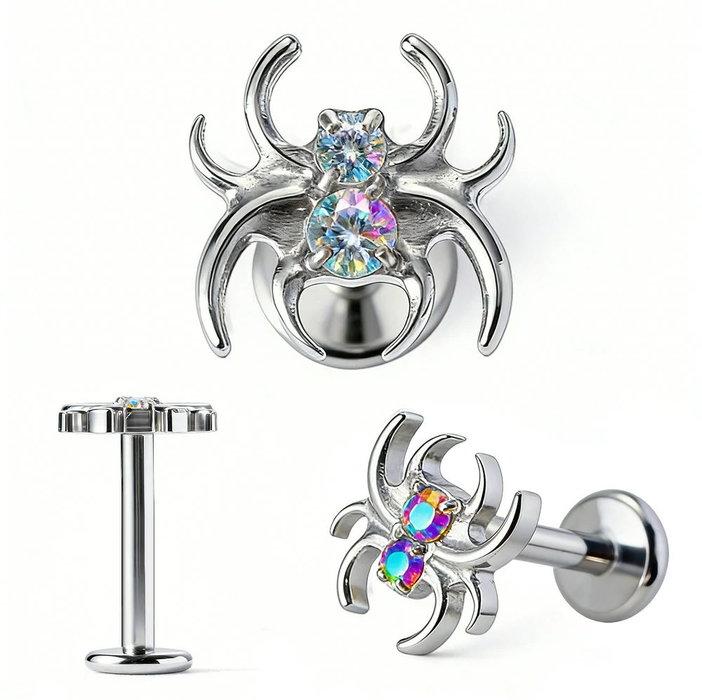 Crystal Spider Labret Monroe Lip Rings 16G Stainless Steel Rhinestone Spider Flat Back Earrings Conch Helix Tragus Studs