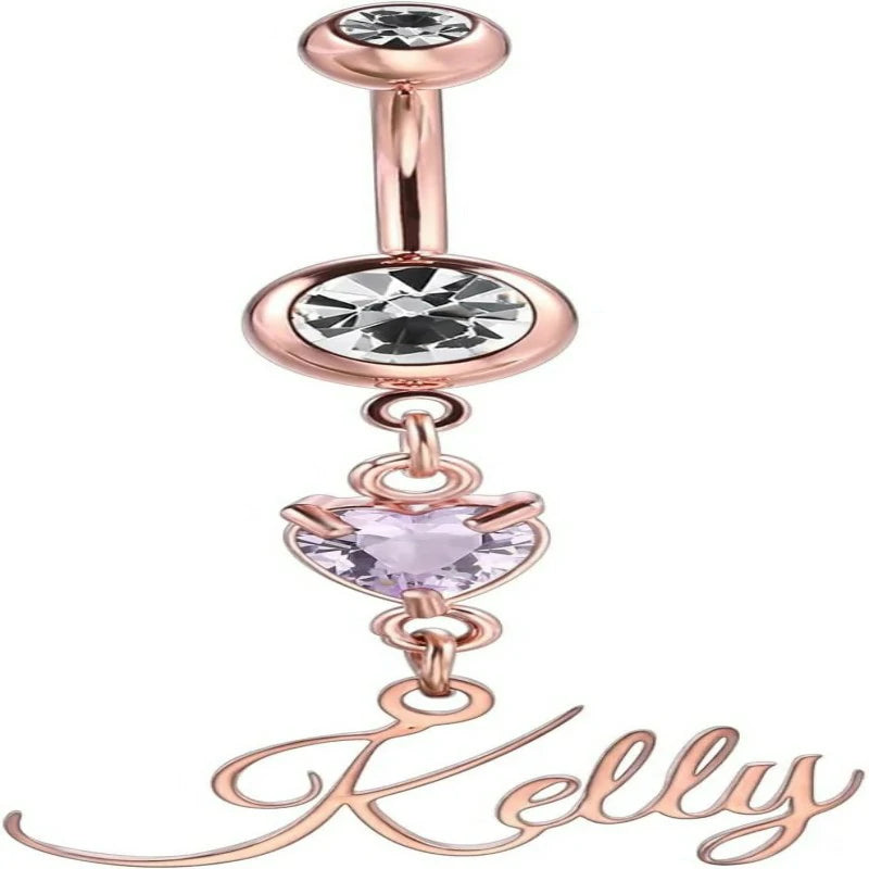 Custom Belly Ring Personalized Name Initial Belly Button Ring with Heart Birthstone Nameplate