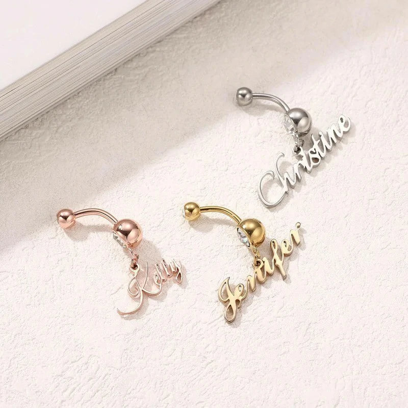 Custom Belly Ring Personalized Name Initial Belly Button Ring with Heart Birthstone Nameplate