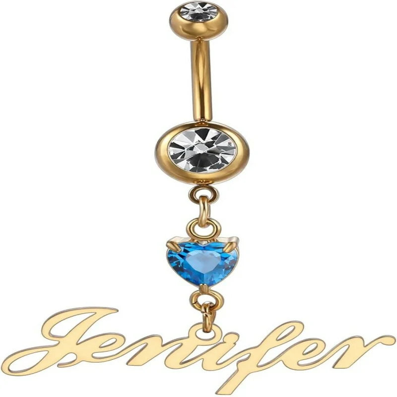 Custom Belly Ring Personalized Name Initial Belly Button Ring with Heart Birthstone Nameplate