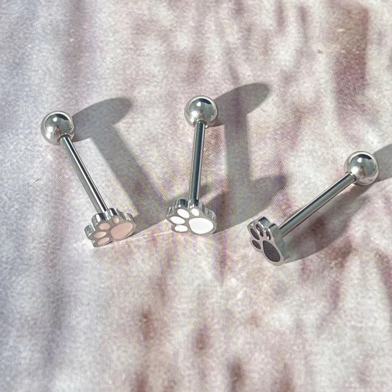 Cute Cat Dog Paw Print Tongue Piercing Ring Stainless Steel Enamel Kitten Puppy Animal Pet Screw Back Ball Cartilage