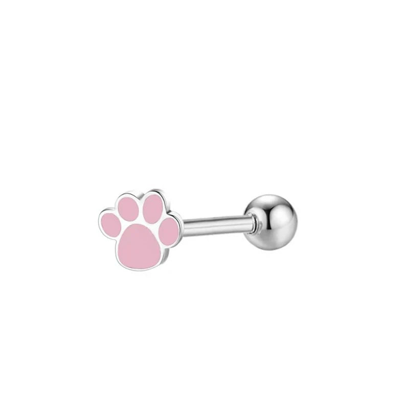 Cute Cat Dog Paw Print Tongue Piercing Ring Stainless Steel Enamel Kitten Puppy Animal Pet Screw Back Ball Cartilage