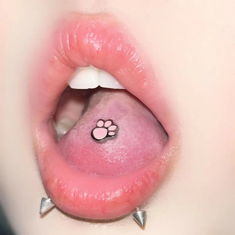 Cute Cat Dog Paw Print Tongue Piercing Ring Stainless Steel Enamel Kitten Puppy Animal Pet Screw Back Ball Cartilage