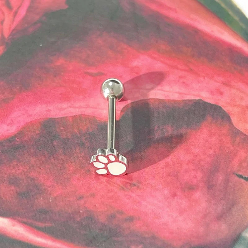 Cute Cat Dog Paw Print Tongue Piercing Ring Stainless Steel Enamel Kitten Puppy Animal Pet Screw Back Ball Cartilage