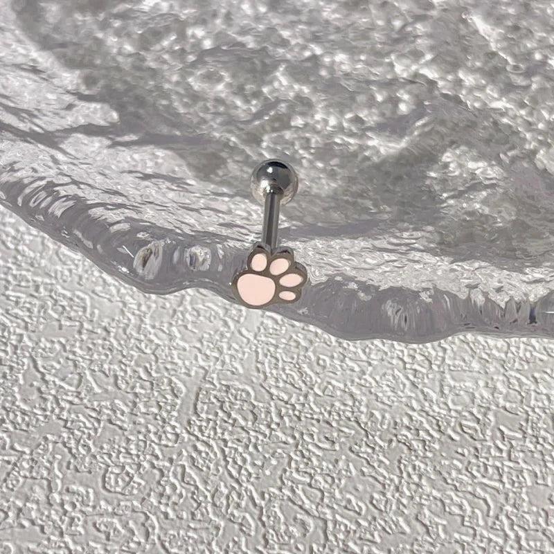 Cute Cat Dog Paw Print Tongue Piercing Ring Stainless Steel Enamel Kitten Puppy Animal Pet Screw Back Ball Cartilage