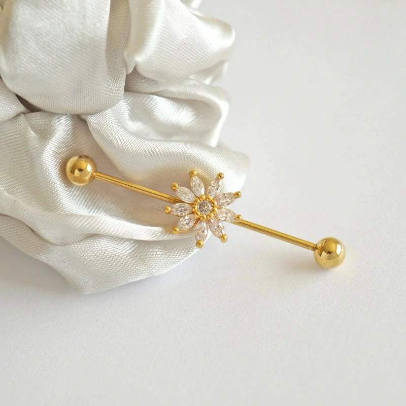 Cute Sunflower CZ Industrial Bar Piercing Industrial Jewelry