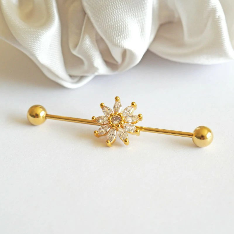 Cute Sunflower CZ Industrial Bar Piercing Industrial Jewelry