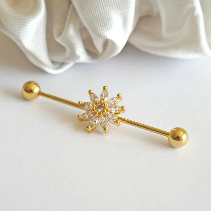 Cute Sunflower CZ Industrial Bar Piercing Industrial Jewelry
