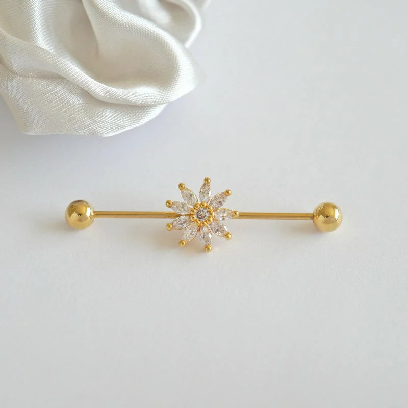 Cute Sunflower CZ Industrial Bar Piercing Industrial Jewelry