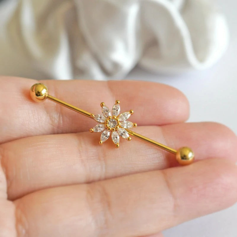 Cute Sunflower CZ Industrial Bar Piercing Industrial Jewelry