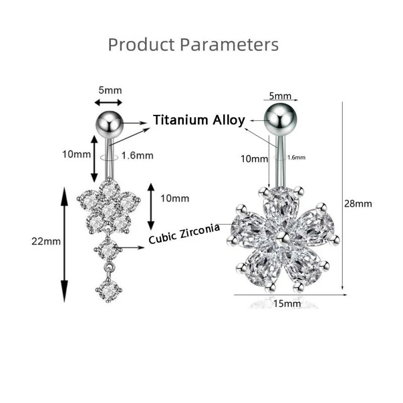 2 PCS Dainty Flower Belly Button Ring CZ Crystal Dangle Flower Charm G23 Titanium Belly