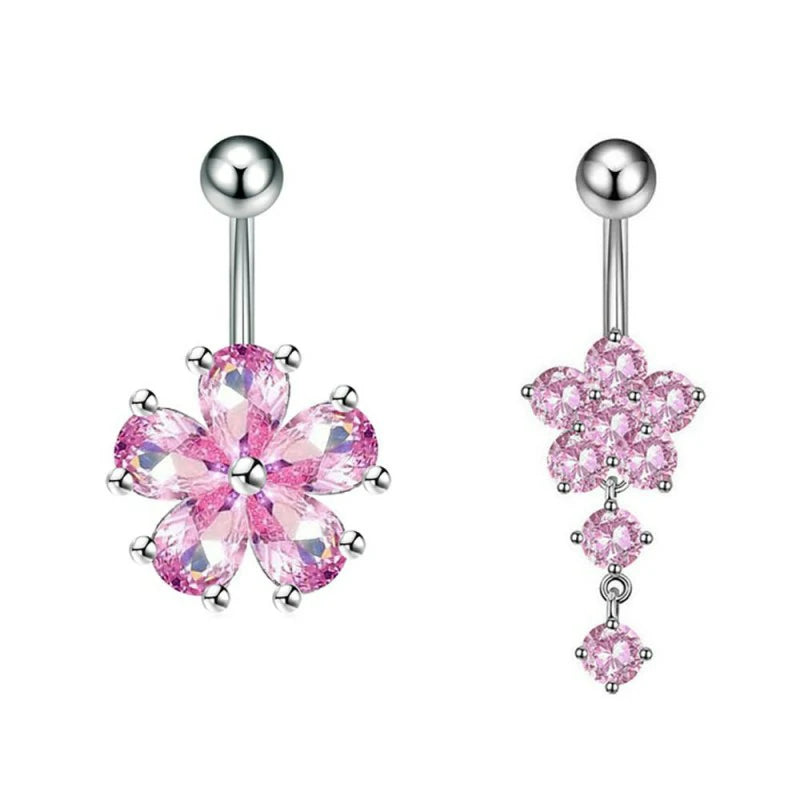 2 PCS Dainty Flower Belly Button Ring CZ Crystal Dangle Flower Charm G23 Titanium Belly