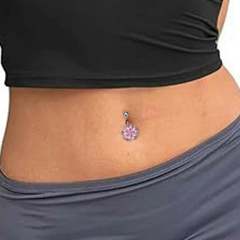 2 PCS Dainty Flower Belly Button Ring CZ Crystal Dangle Flower Charm G23 Titanium Belly