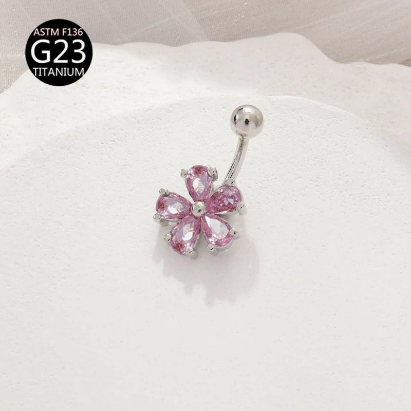 2 PCS Dainty Flower Belly Button Ring CZ Crystal Dangle Flower Charm G23 Titanium Belly
