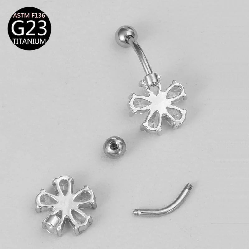 2 PCS Dainty Flower Belly Button Ring CZ Crystal Dangle Flower Charm G23 Titanium Belly