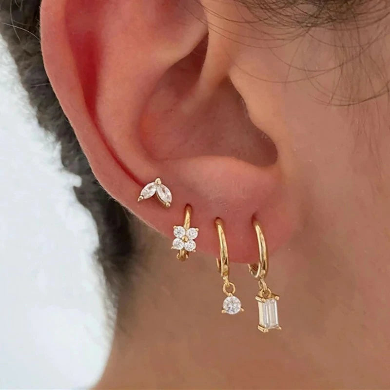 Dainty Gold Stud Earrings 14K Gold Plated CZ Huggie Hoop Earrings Set