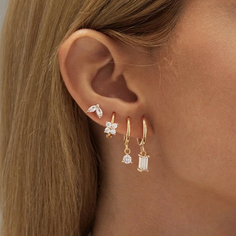 Dainty Gold Stud Earrings 14K Gold Plated CZ Huggie Hoop Earrings Set