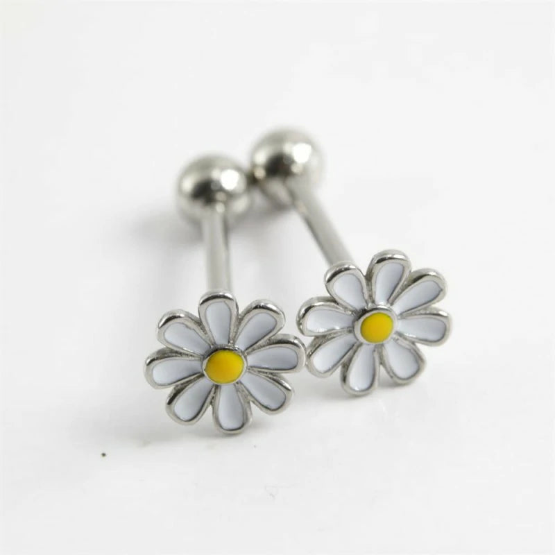 Daisy Flower Tongue Rings 316L Surgical Stainless Steel Floral Screw Back Ball