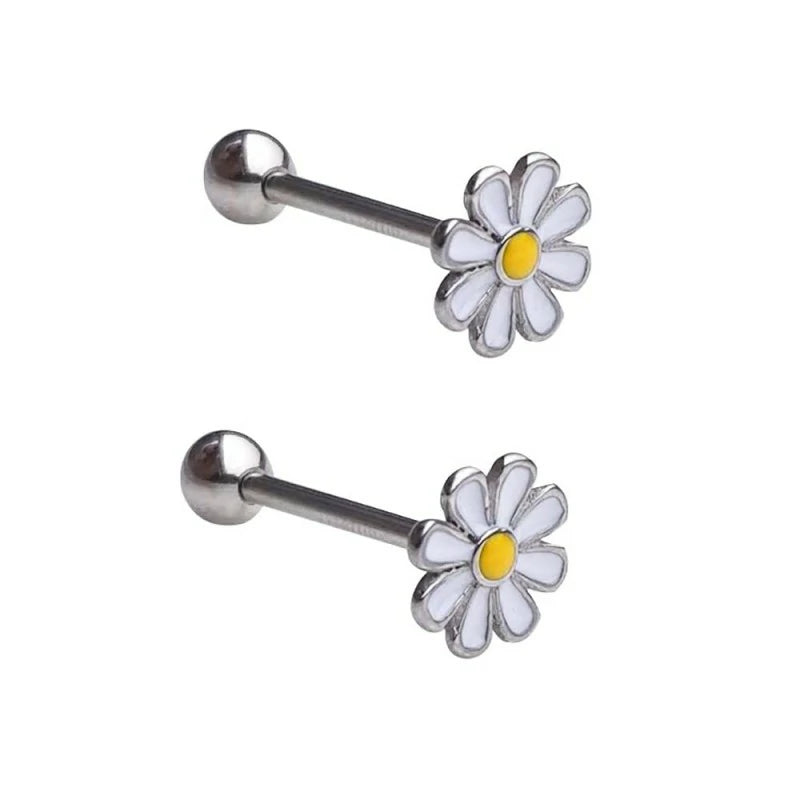 Daisy Flower Tongue Rings 316L Surgical Stainless Steel Floral Screw Back Ball