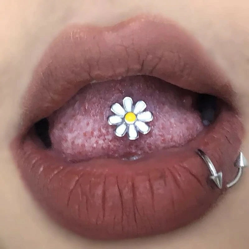 Daisy Flower Tongue Rings 316L Surgical Stainless Steel Floral Screw Back Ball