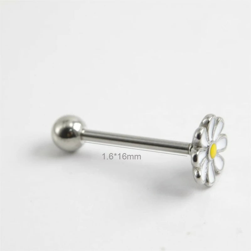 Daisy Flower Tongue Rings 316L Surgical Stainless Steel Floral Screw Back Ball